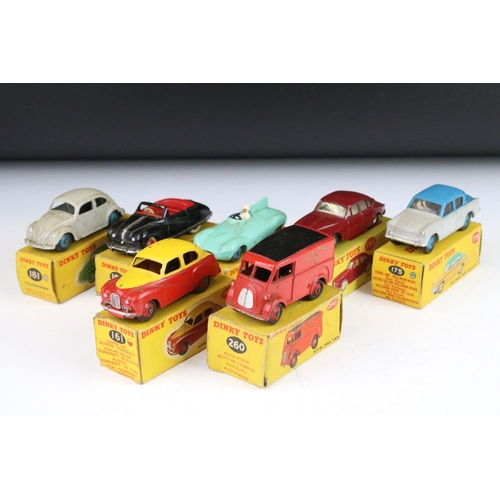 1353 - Seven boxed Dinky diecast models to include 260 Royal Mail Van, 238 Jaguar Tyoe D Racing Car in turq... 