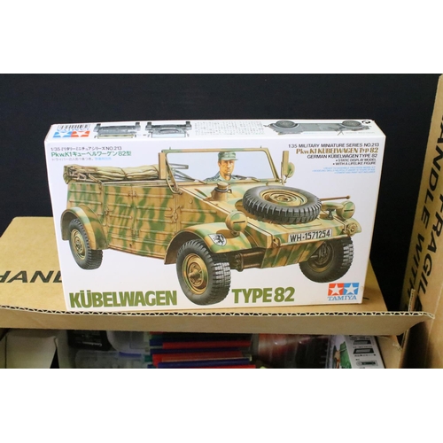 208 - Four boxed Tamiya plastic military model kits and figure sets to include 2 x 1/35 35026 Jerry Cans, ... 