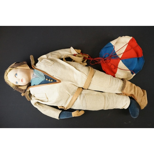 362 - Large Norah Wellings female pilot felt doll, circa 1940's, with pilot uniform, helmet, parachute & h... 