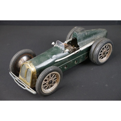 1393 - Early-to-mid 20th C scratch built model of a racing car, in dark green, with chain & cog wind-up mec... 