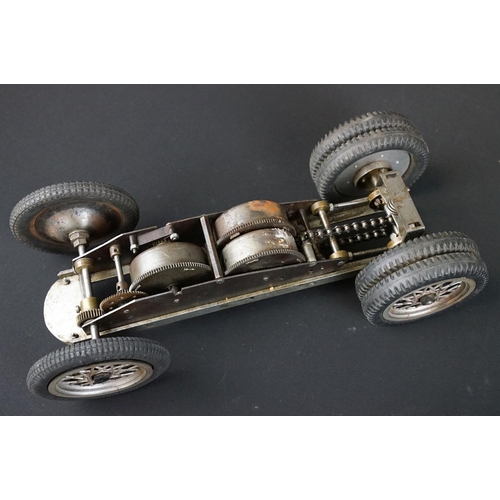 1393 - Early-to-mid 20th C scratch built model of a racing car, in dark green, with chain & cog wind-up mec... 