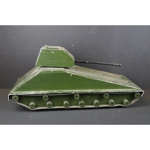 1395 - Large wooden scratch built green painted army tank model with moveable wheels and moving tank gun wi... 