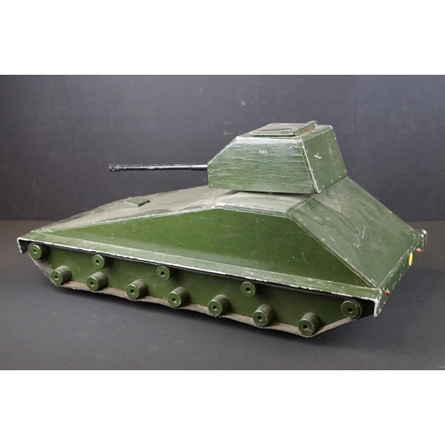 1395 - Large wooden scratch built green painted army tank model with moveable wheels and moving tank gun wi... 