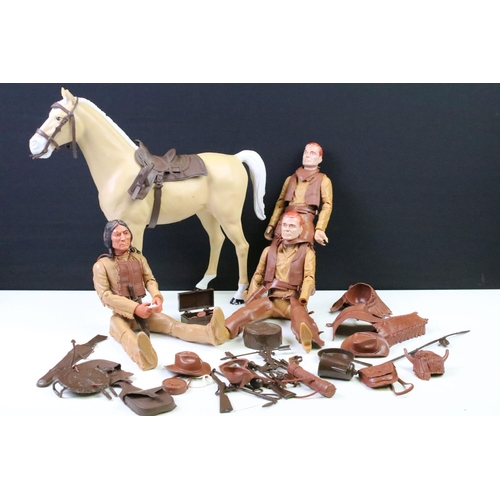 1451 - Three Marx Johnny West Series action figures to include 2 x Cowboy and Chief Cherokee, with Marx hor... 