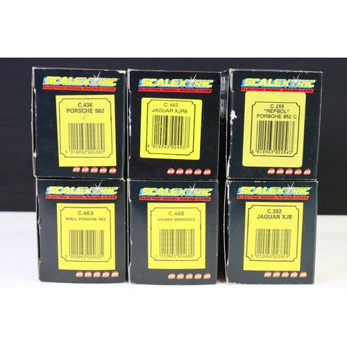 278 - Six boxed Scalextric slot cars to include C443 Jaguar XJR9, C468 Sauber Mercedes, C463 Shell Porsche... 