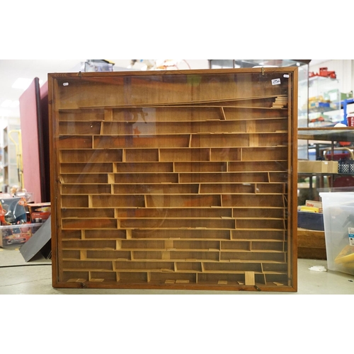 1258A - Large wall mounted pine display cabinet with glass front and wooden shelves. Measures approx 120cm W... 