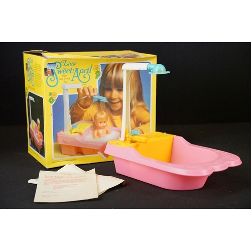 394 - Denys Fisher toys Sweet April doll, with 3 x boxed accessory sets (Playtime Set, Bath and Shower Set... 