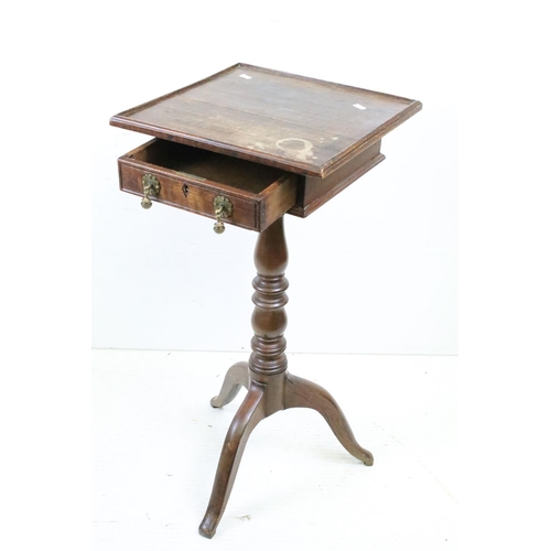 587 - 18th century and later Lamp Table, the square oak top with drawer, raised on a pedestal support with... 