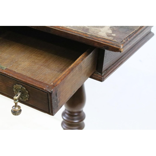 587 - 18th century and later Lamp Table, the square oak top with drawer, raised on a pedestal support with... 