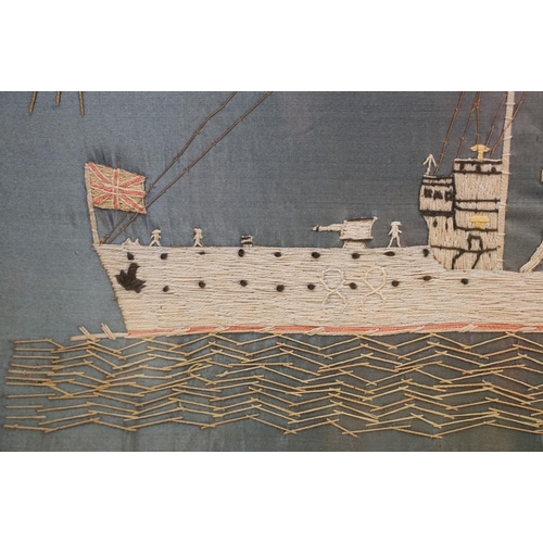 125 - Embroidered picture depicting H.M.S Sportive, S-Class Destroyer, built by Swab Hunter for the Royal ... 