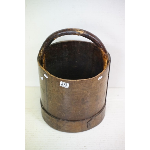 379 - Vintage wooden bucket of cylindrical form, with loop handle (approx 45cm high), together with an Asi... 