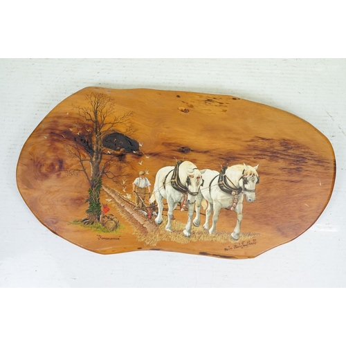 382 - Babs Rich-Lenthall - Three pine panels painted with agricultural ploughing scenes, featuring 'Speed ... 