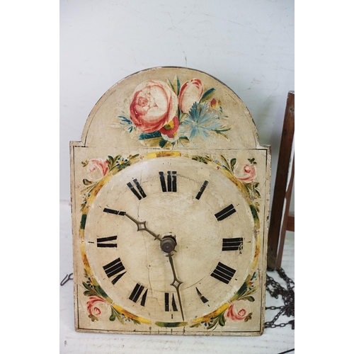 388 - Antique grandfather clock movement with wooden dial (with painted rose decoration & Roman numerals),... 