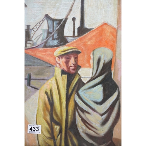 433 - An oak framed oil painting of an industrial scene with man and woman conversing in foreground, 49 x ... 