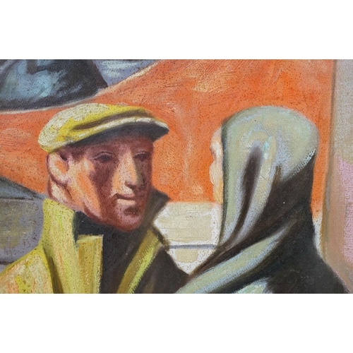 433 - An oak framed oil painting of an industrial scene with man and woman conversing in foreground, 49 x ... 