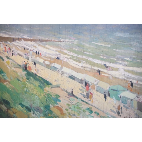 450 - Robert Duckworth Greenham (1906-1976) - Oil on board beach scene with huts, signed to lower right, a... 