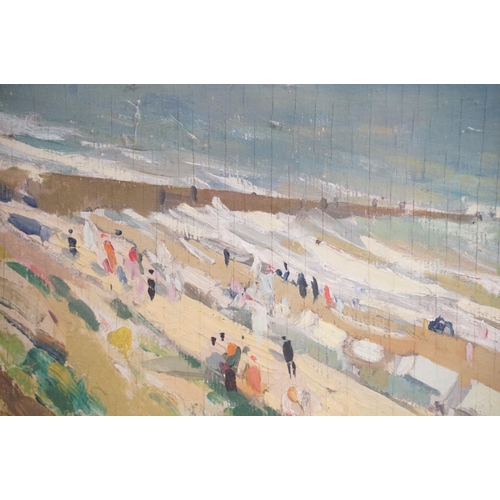 450 - Robert Duckworth Greenham (1906-1976) - Oil on board beach scene with huts, signed to lower right, a... 