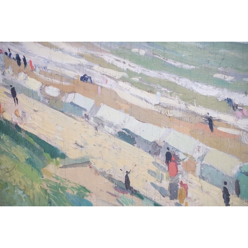 450 - Robert Duckworth Greenham (1906-1976) - Oil on board beach scene with huts, signed to lower right, a... 