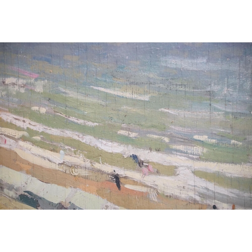 450 - Robert Duckworth Greenham (1906-1976) - Oil on board beach scene with huts, signed to lower right, a... 