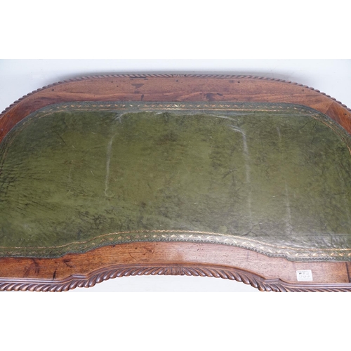 555 - 19th century Mahogany Desk of kidney outline, green leather inset top with fluted carved edge, the f... 