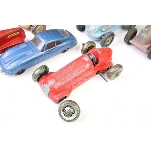 1270 - Seven early-to-mid 20th C play worn tinplate & diecast racing cars to include Hubley Kiddie Toy, Ren... 