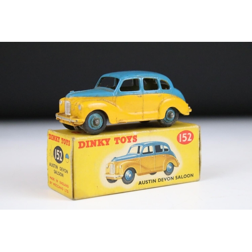 1367 - Boxed Dinky 152 Austin Devon Saloon diecast model in two tone blue and yellow, with blue hubs, dieca... 