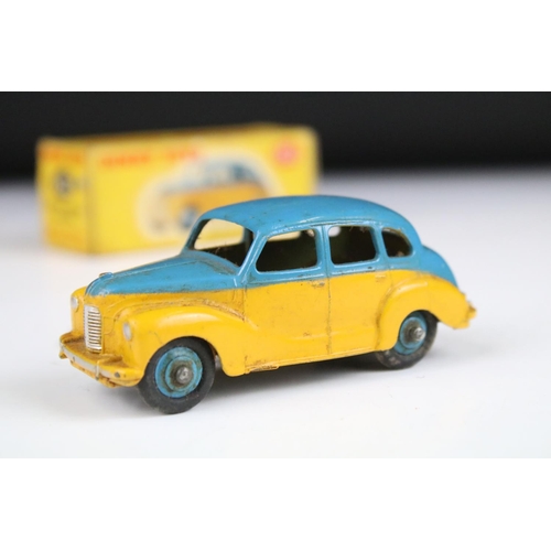 1367 - Boxed Dinky 152 Austin Devon Saloon diecast model in two tone blue and yellow, with blue hubs, dieca... 