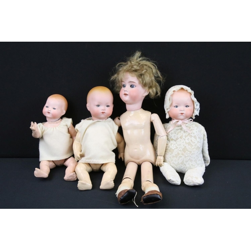 340 - Four early 20th C Armand Marseille bisque headed dolls with glass eyes & painted facial features, th... 