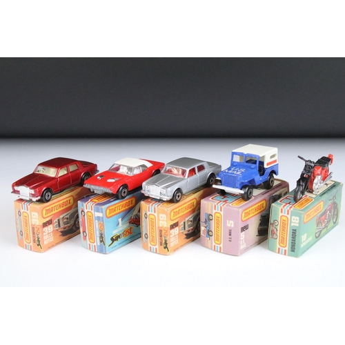 1374 - Five boxed Matchbox diecast models to include 18 Hondarora in red, 2 x 39 Rolls Royce (in metallic r... 