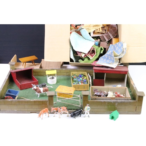 302 - Small collection of play worn plastic & metal farm animals and accessories, to include Britains & Ch... 