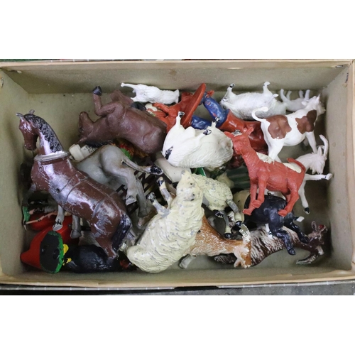 302 - Small collection of play worn plastic & metal farm animals and accessories, to include Britains & Ch... 