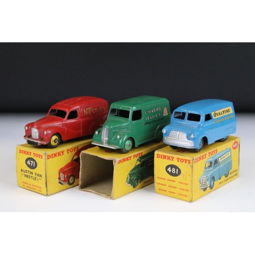 1377 - Three boxed Dinky diecast models to include 471 Austin Van Nestles, 481 Bedford 10 CWT Van Ovaltine ... 