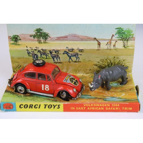 1378 - Boxed Corgi 256 Volkswagen 1200 in East African Safari trim diecast model, with rhino figure, showin... 