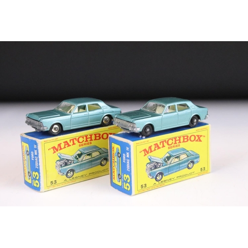 1381 - Two boxed Matchbox 75 Series 53 Ford Zodiac MK V diecast models in metallic light blue, one featurin... 