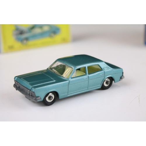 1381 - Two boxed Matchbox 75 Series 53 Ford Zodiac MK V diecast models in metallic light blue, one featurin... 