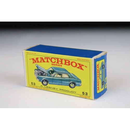 1381 - Two boxed Matchbox 75 Series 53 Ford Zodiac MK V diecast models in metallic light blue, one featurin... 