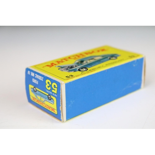 1381 - Two boxed Matchbox 75 Series 53 Ford Zodiac MK V diecast models in metallic light blue, one featurin... 