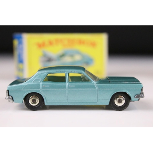 1381 - Two boxed Matchbox 75 Series 53 Ford Zodiac MK V diecast models in metallic light blue, one featurin... 