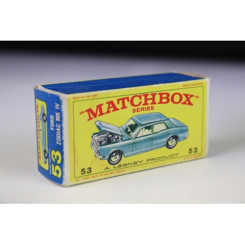 1381 - Two boxed Matchbox 75 Series 53 Ford Zodiac MK V diecast models in metallic light blue, one featurin... 