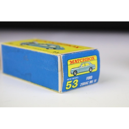 1381 - Two boxed Matchbox 75 Series 53 Ford Zodiac MK V diecast models in metallic light blue, one featurin... 