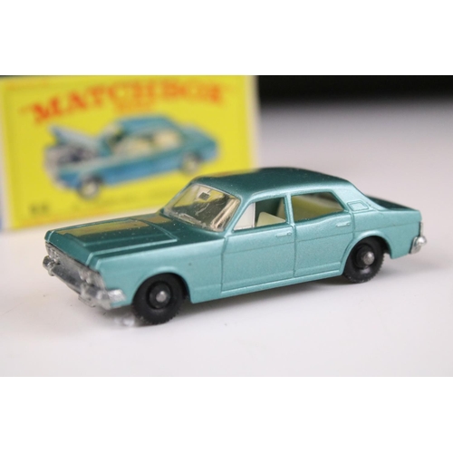 1381 - Two boxed Matchbox 75 Series 53 Ford Zodiac MK V diecast models in metallic light blue, one featurin... 