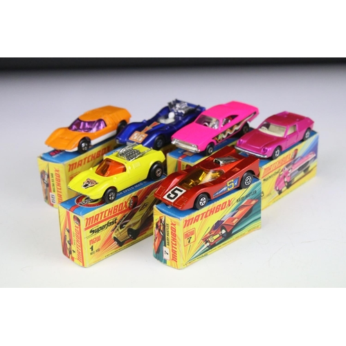 1382 - Six boxed Matchbox Superfast diecast models to include 70 Dragster in pink (decals ex, minimal paint... 