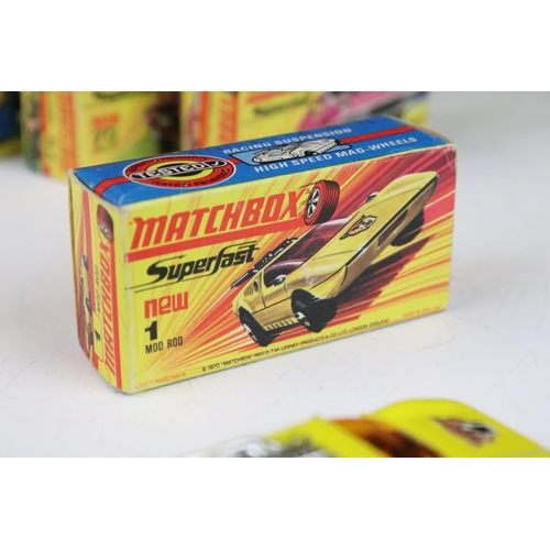 1382 - Six boxed Matchbox Superfast diecast models to include 70 Dragster in pink (decals ex, minimal paint... 