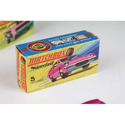 1382 - Six boxed Matchbox Superfast diecast models to include 70 Dragster in pink (decals ex, minimal paint... 