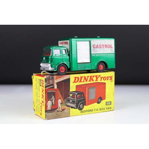 1385 - Boxed Dinky 450 Bedford TK Box Van diecast model with Castrol decals, metallic green diecast vg with... 