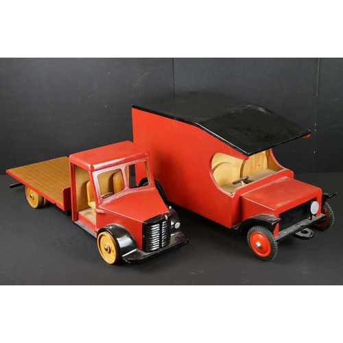 285 - Two scratch built painted wooden models to include flat bed truck with red cab and wooden slatted ef... 