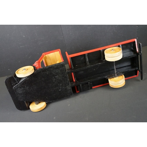 285 - Two scratch built painted wooden models to include flat bed truck with red cab and wooden slatted ef... 