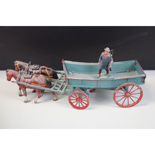 338 - Group of five mid 20th C painted metal Britains horses with carts / farm wagons, each with Britains ... 