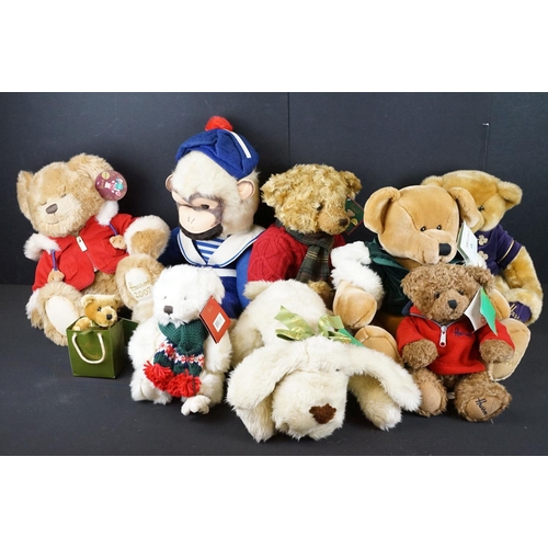 372 - Collection of eight Harrods teddy bears / soft toys to include Christmas Bear 2001, 20th Anniversary... 