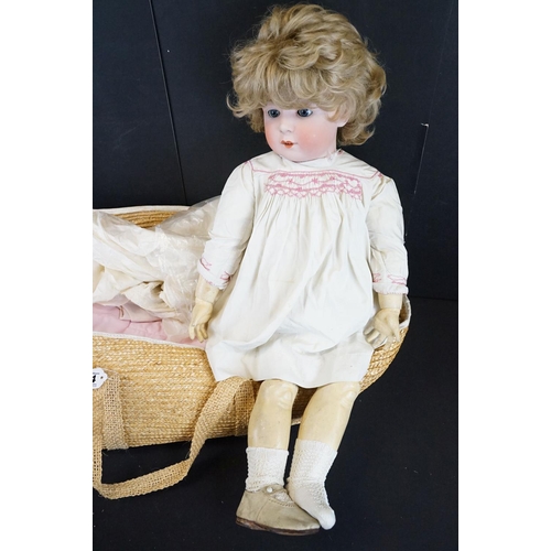 374 - Early 20th C Heubach bisque headed doll with sleeping eyes, mouth open showing teeth, painted facial... 